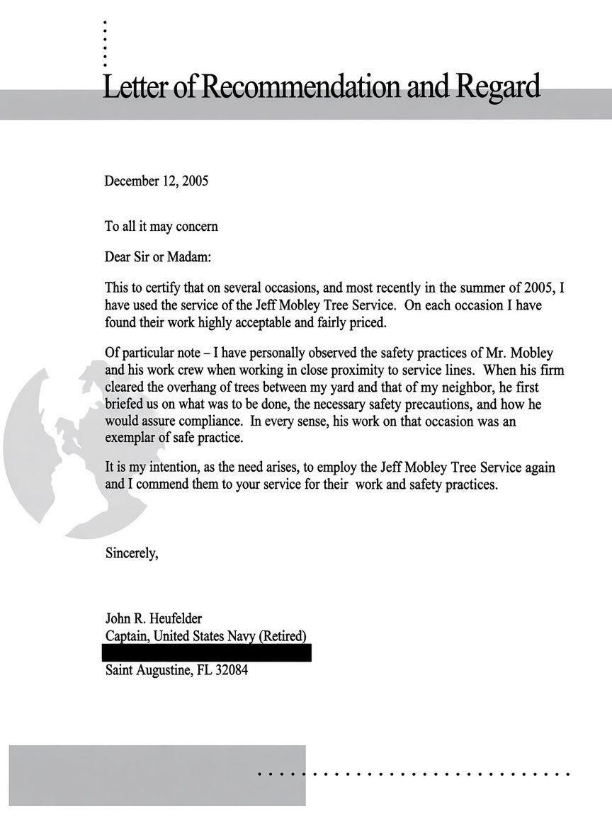 Letter of Recommendation for Jeff Mobley Tree Service