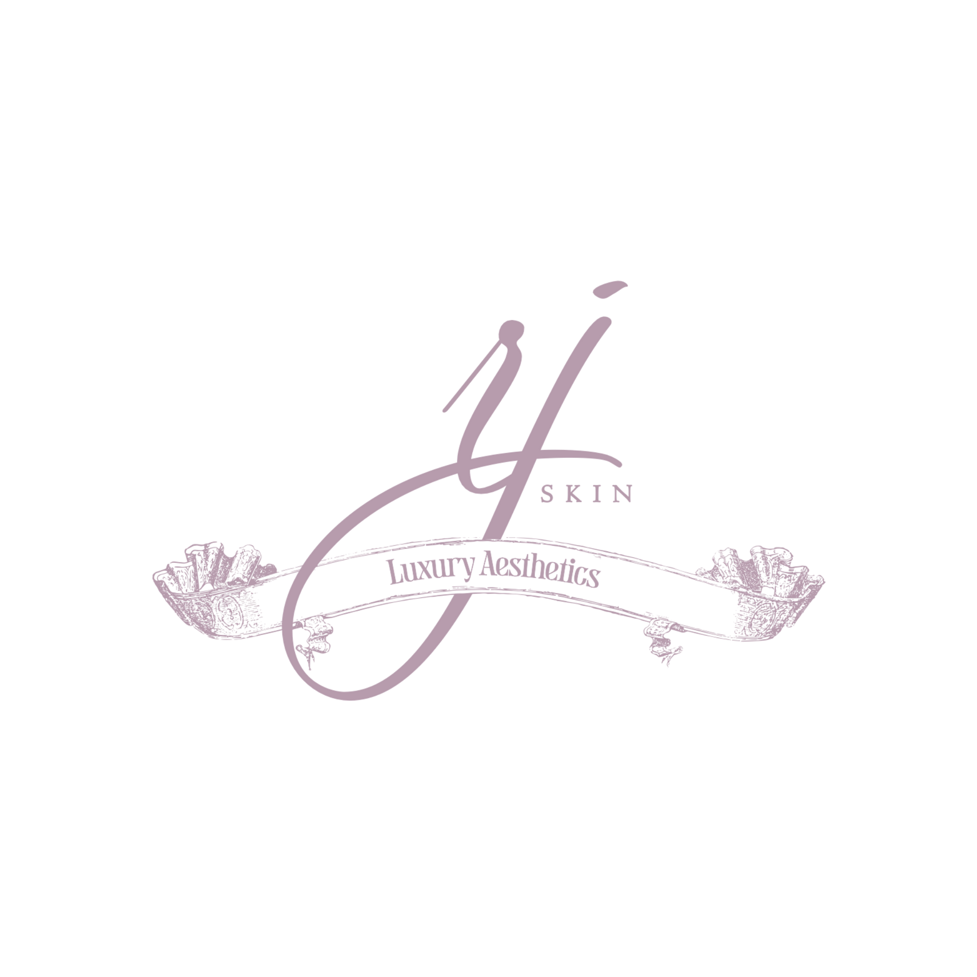 Pastel pink luxury jewelry logo with stylized initials and a decorative floral ribbon motif