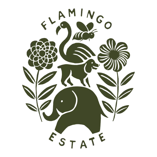 Flamingo Estate logo with dark green flamingo, elephant, flowers, and leaves around the text.