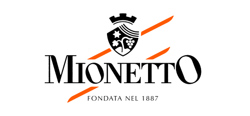 Mionetto logo with black text, crest, and orange diagonal accents on a white background