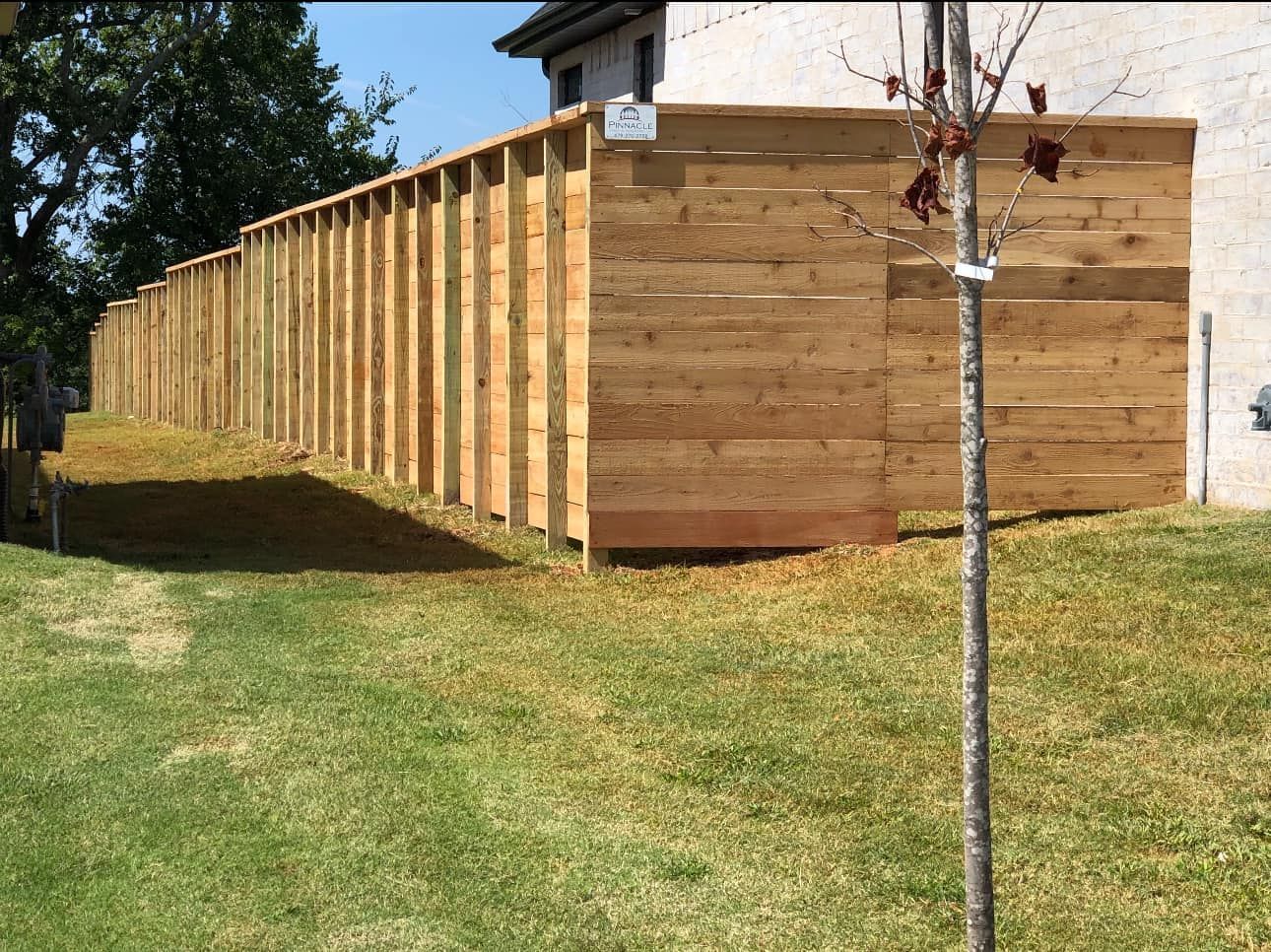 Wooden privacy fence along a grassy yard beside a house, with a young tree in the foreground.