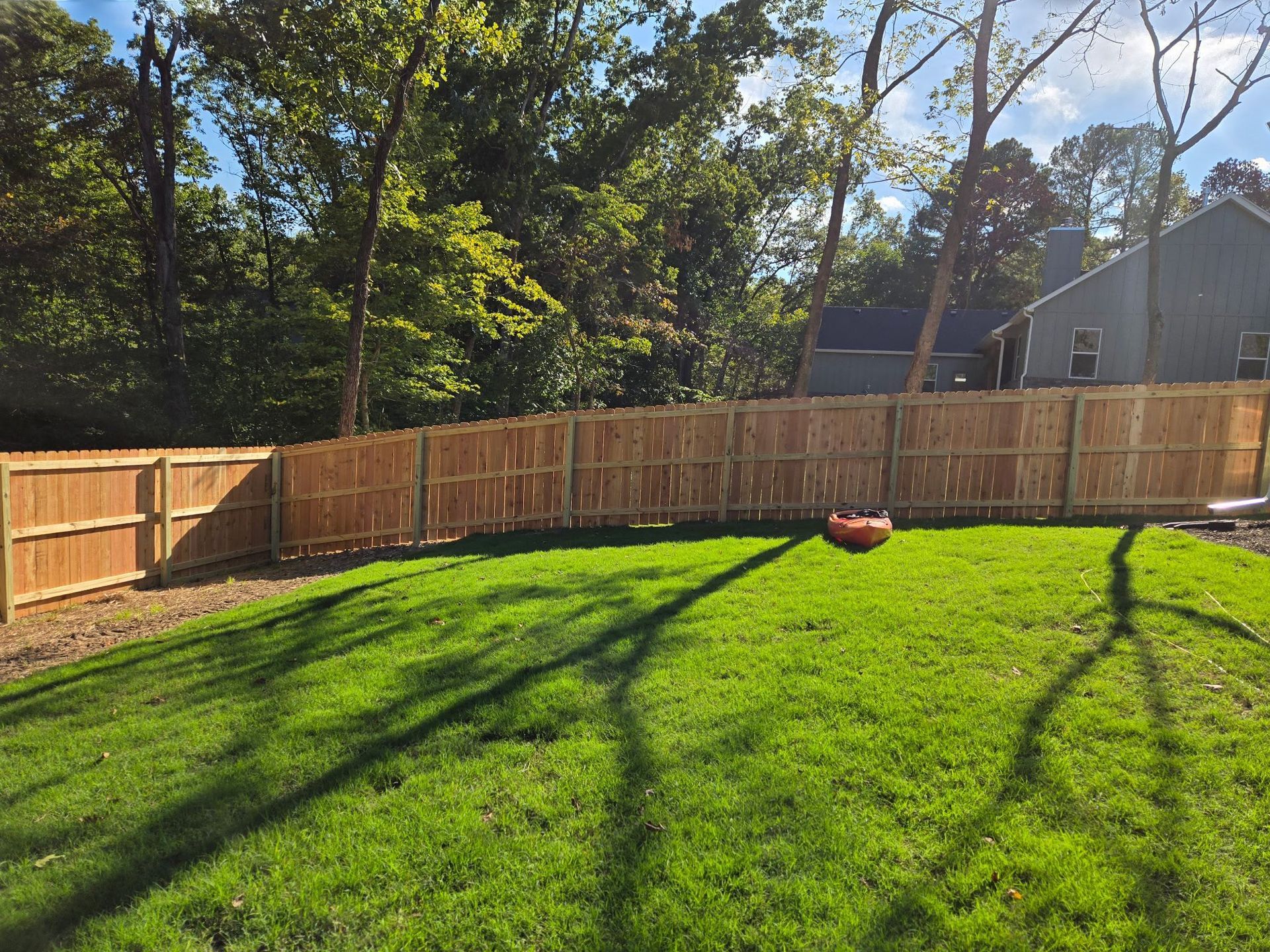 Sunny backyard with green grass, wooden fence, tall trees, and a fire pit in the center.