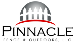 Pinnacle Fence & Outdoors, LLC logo with gray fence icon and red swoosh above black text
