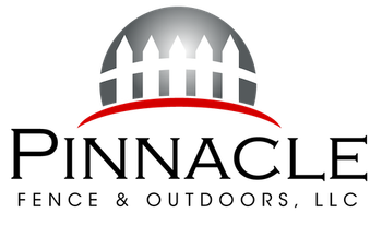 Pinnacle Fence & Outdoors LLC logo with white fence and red swoosh on gray background