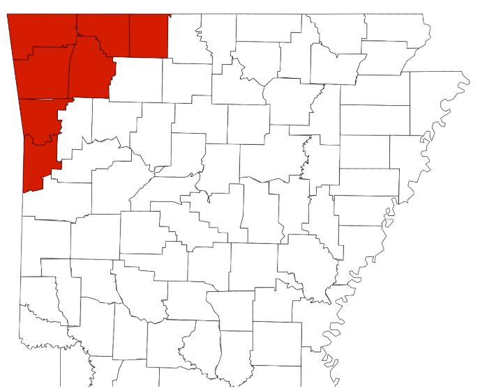 County map of Arkansas with northwest counties highlighted in red