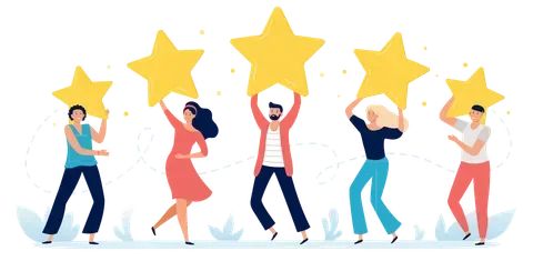 Five people holding up large yellow stars, celebrating.