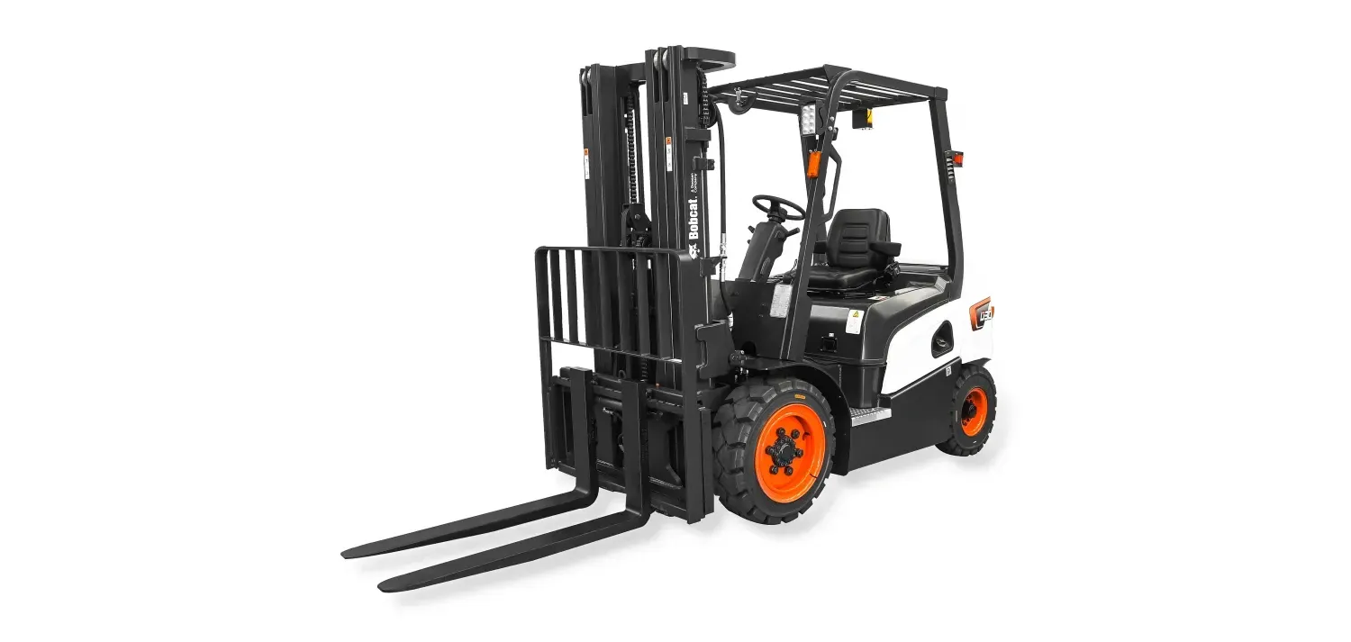 A black and orange forklift on a white background.