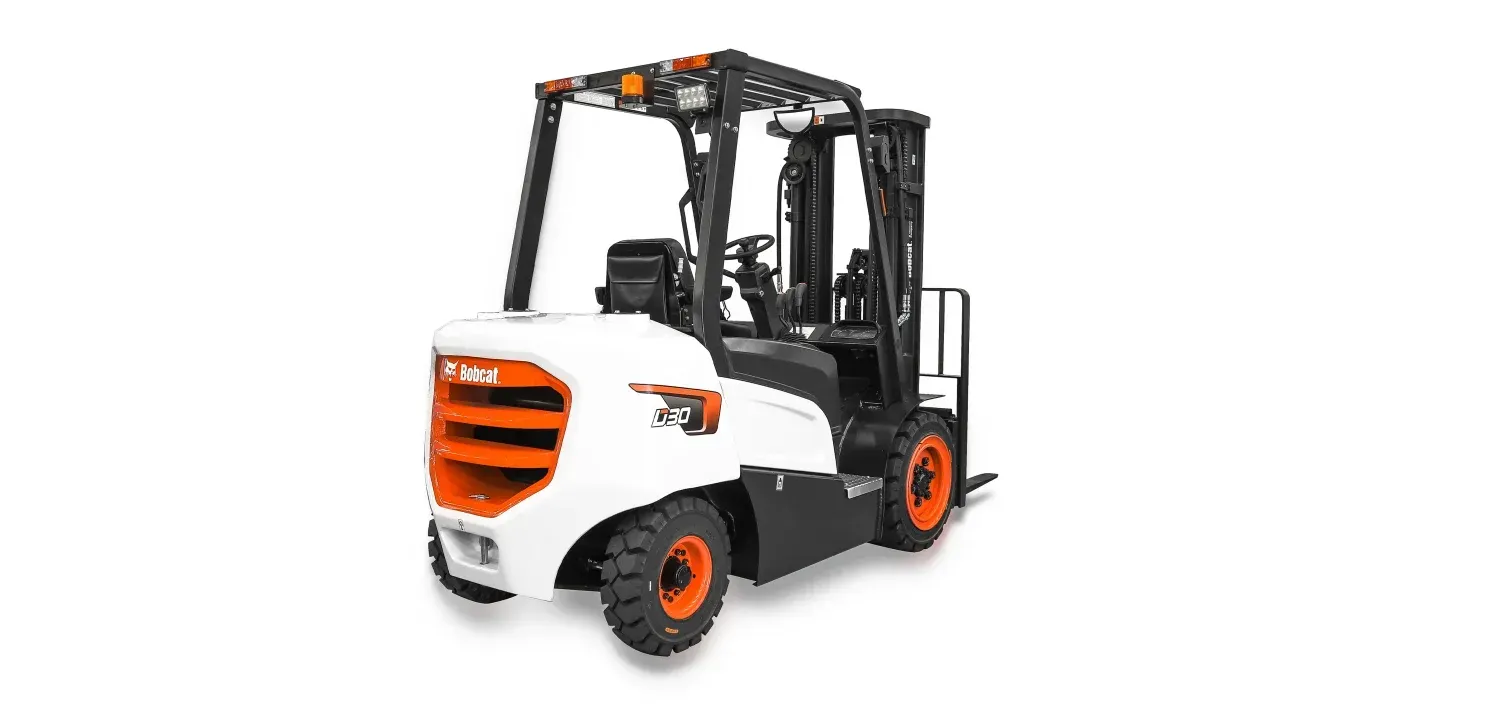 A black and orange forklift on a white background.