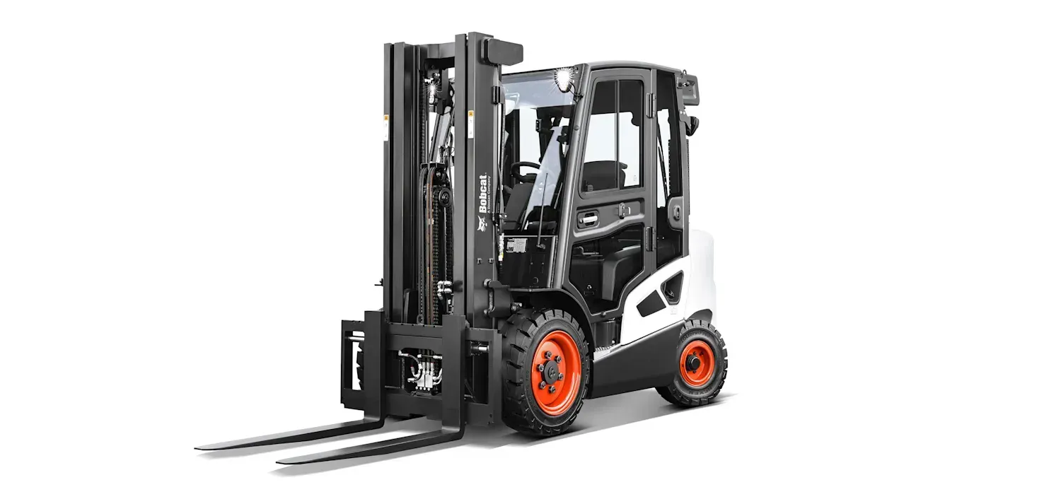 A black and white forklift on a white background.