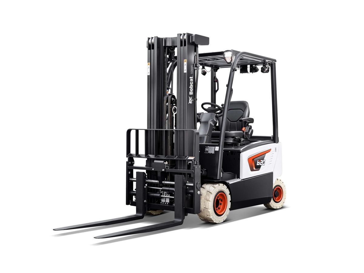 A black and white forklift on a white background.