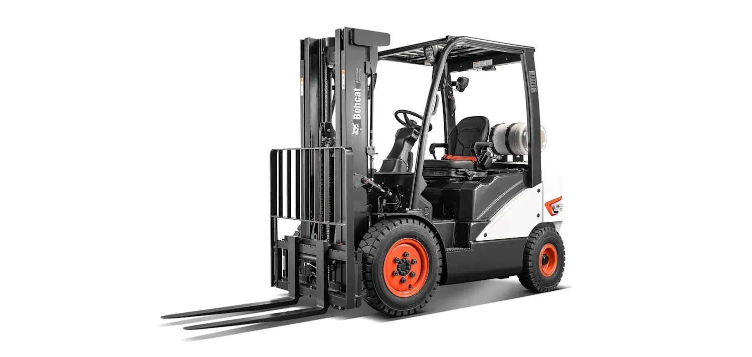 A black and white forklift is parked on a white background.