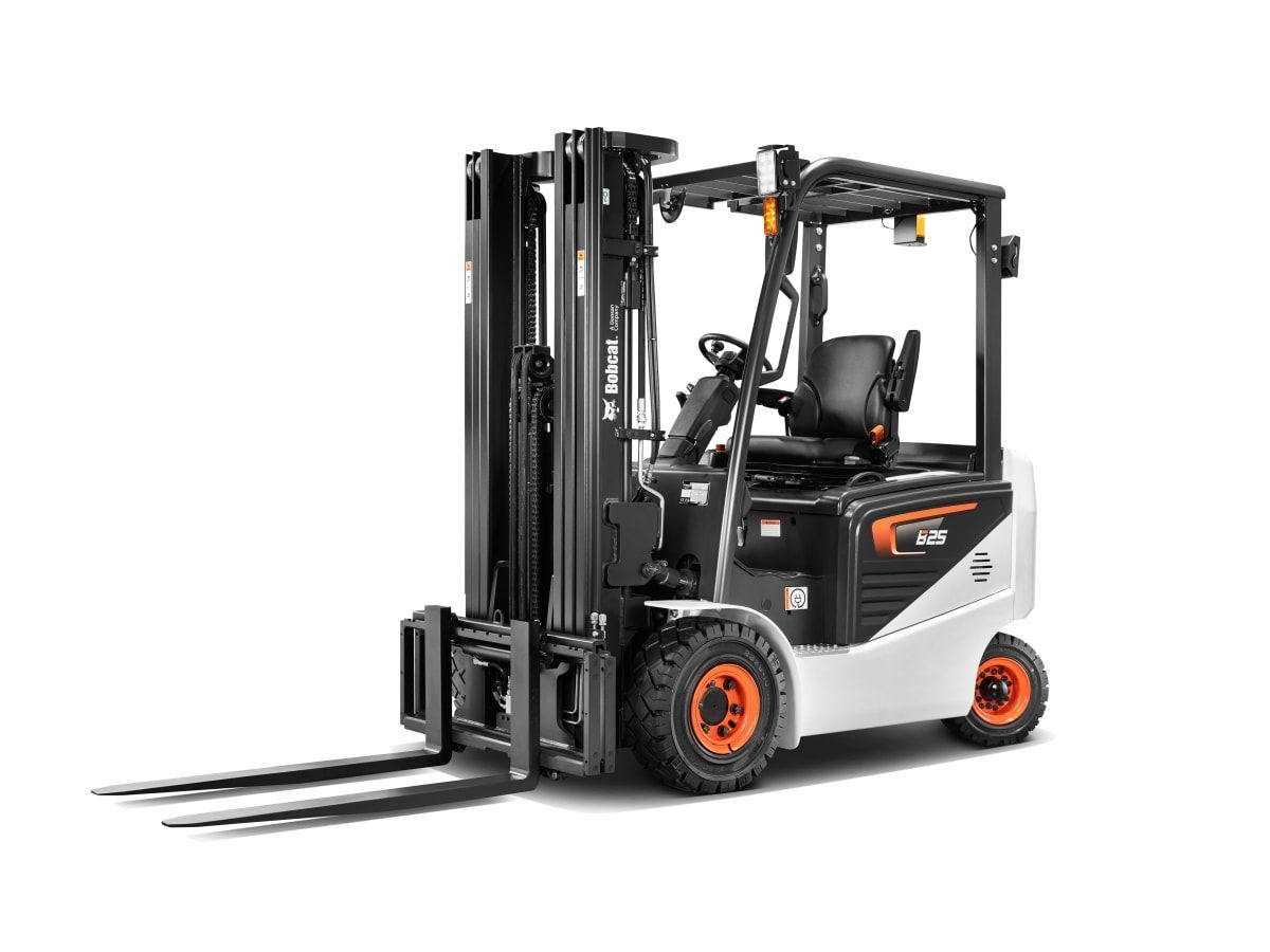 A forklift is sitting on a white background.