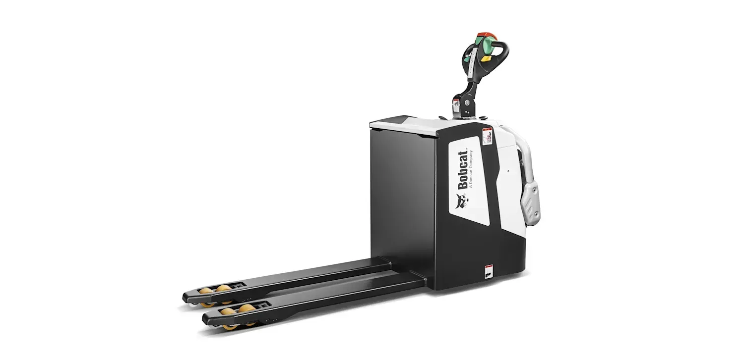 A black and white pallet truck with a handle on a white background.