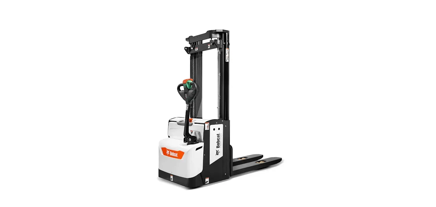 A white and black forklift on a white background.