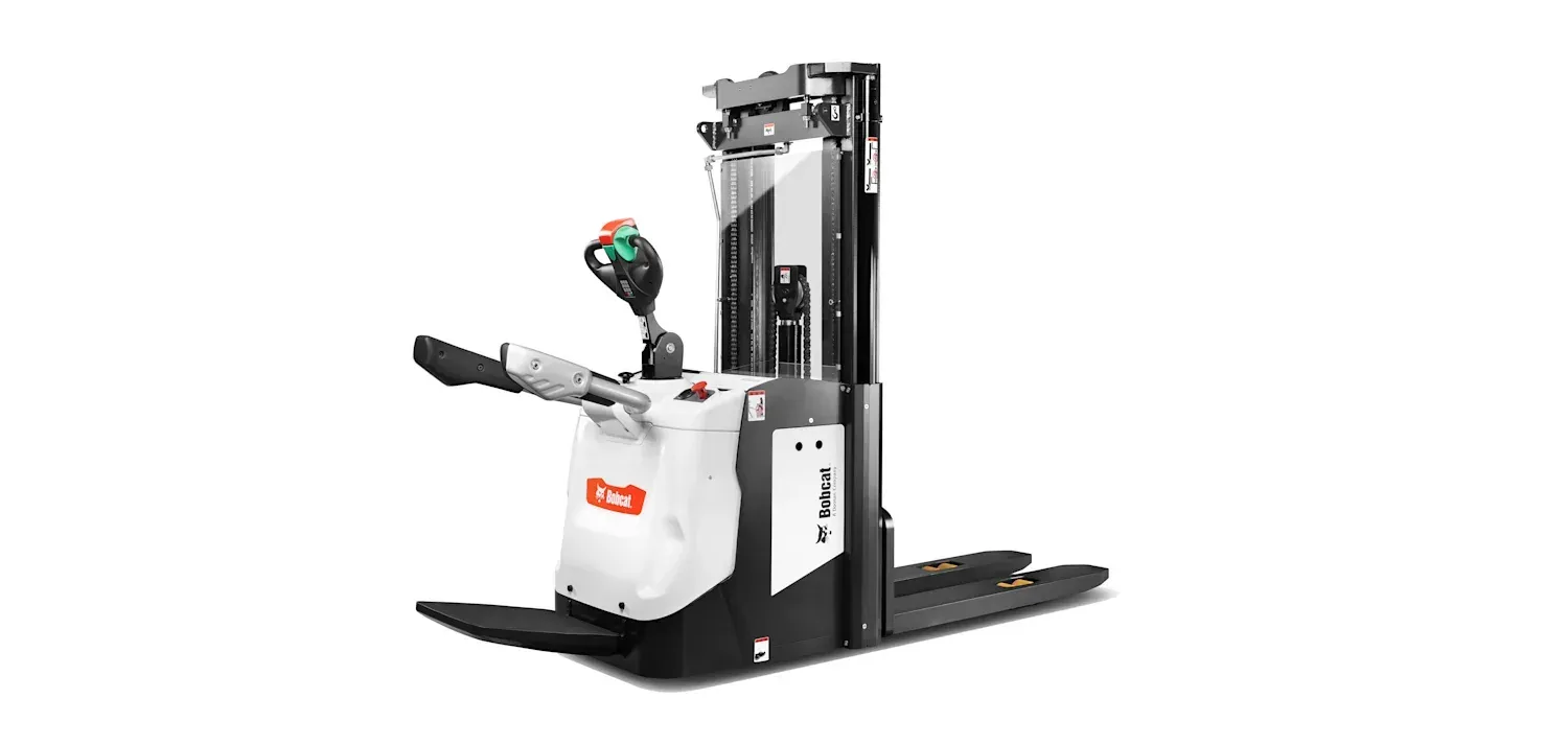 A black and white forklift on a white background.