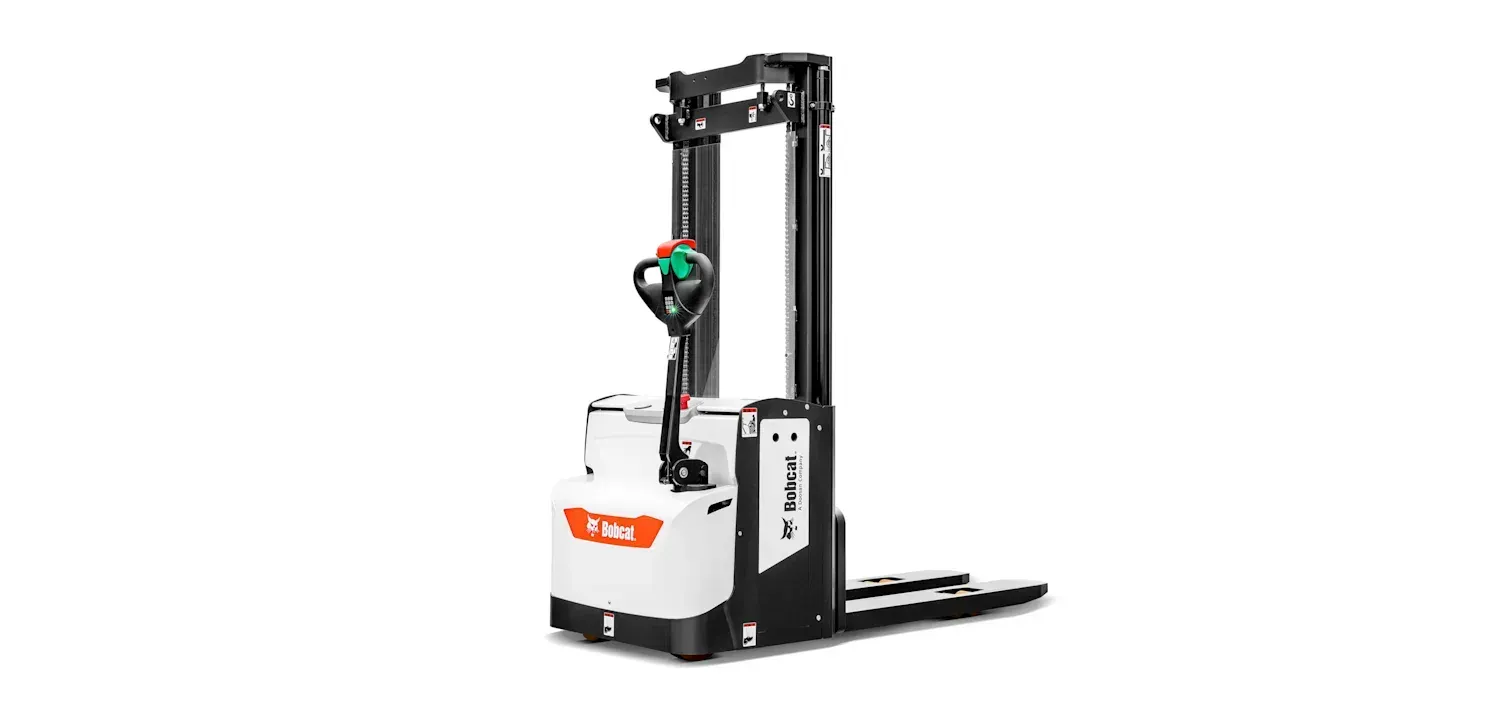 A white and black forklift on a white background.