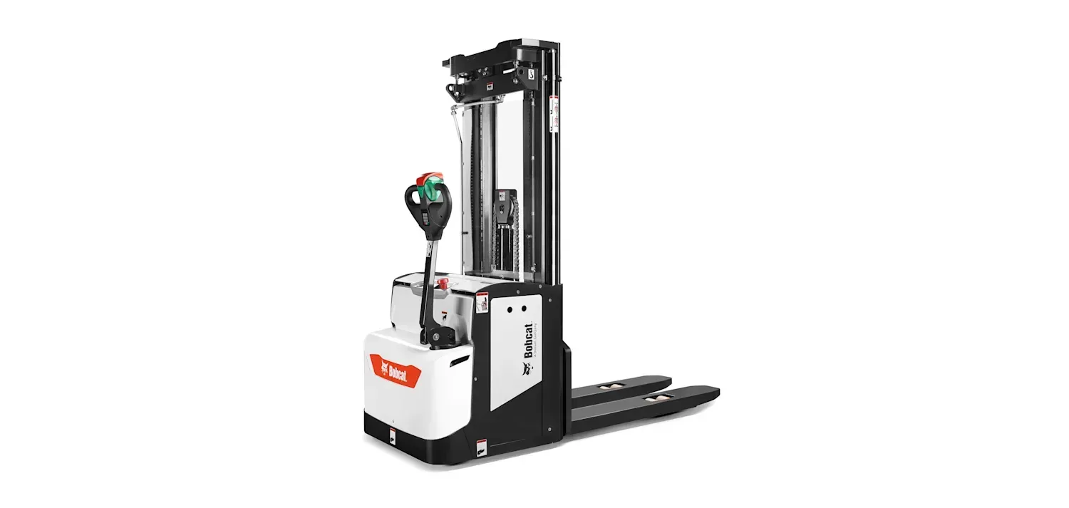 A white and black forklift on a white background.