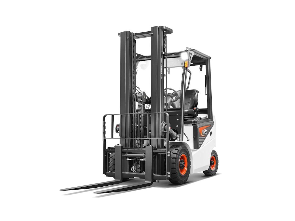 A forklift is parked on a white background.