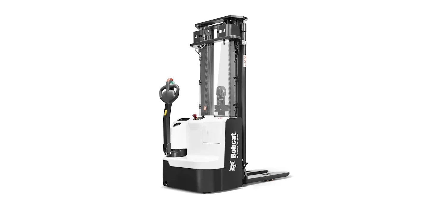 A black and white forklift on a white background.