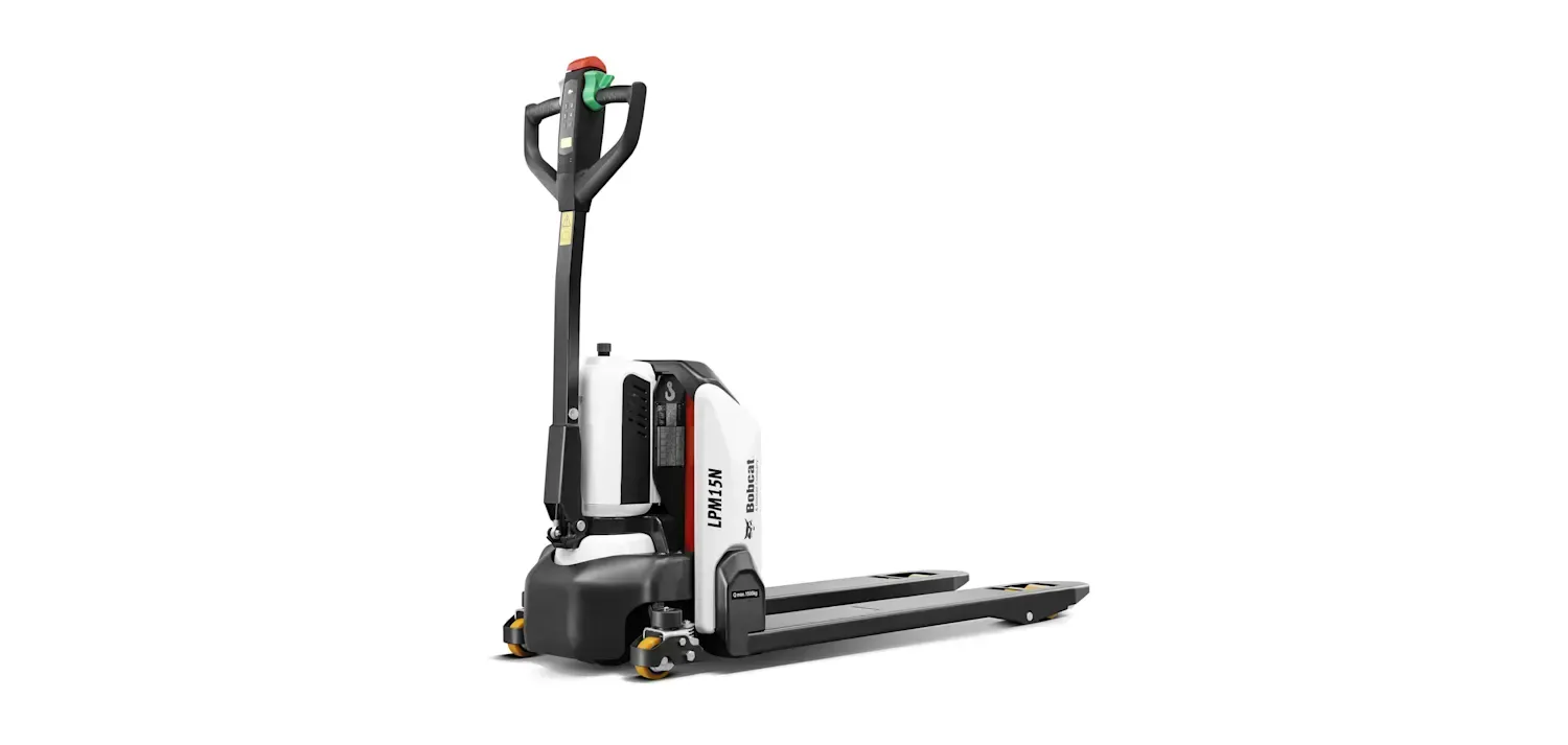 A black and white pallet truck with a green handle on a white background.