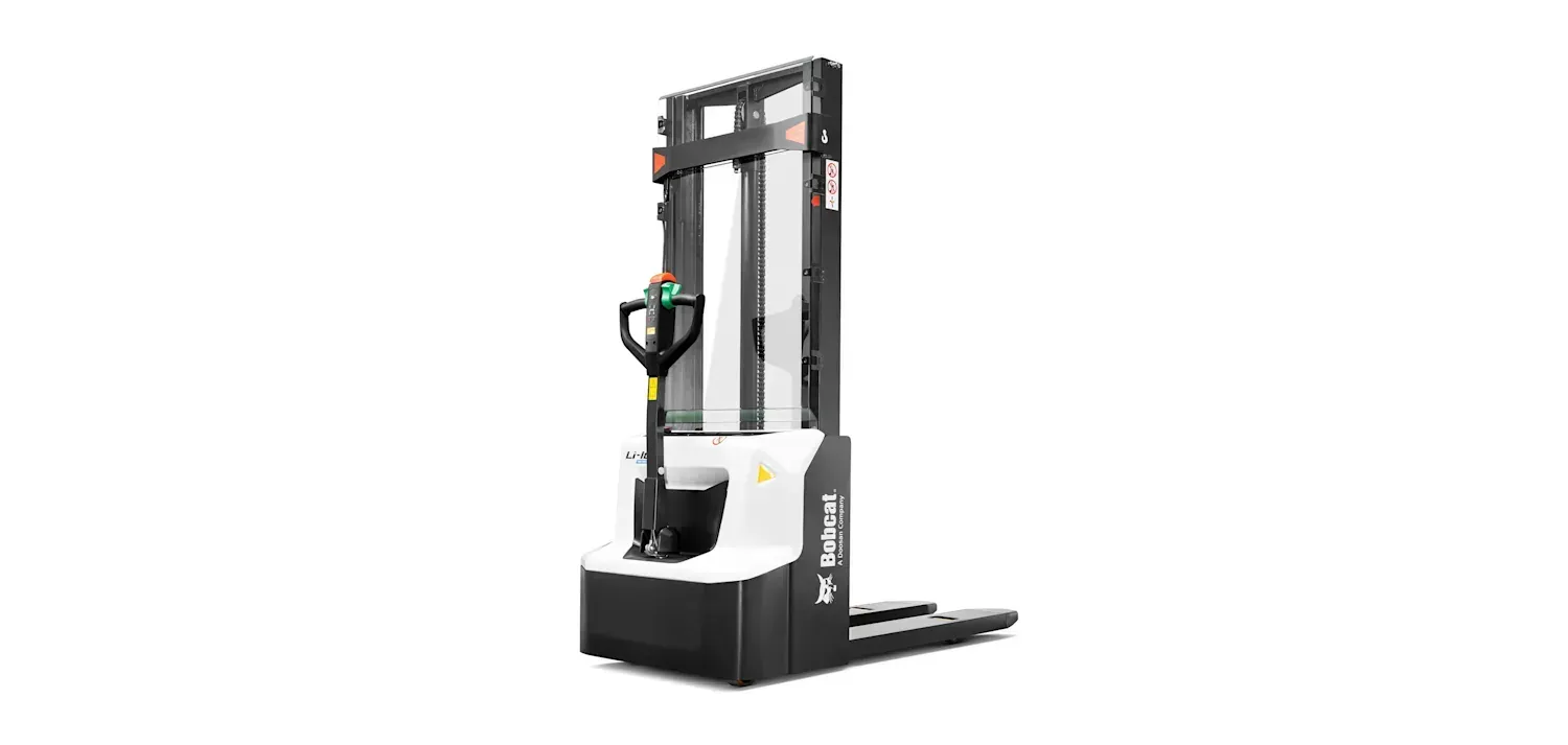 A white and black forklift on a white background.