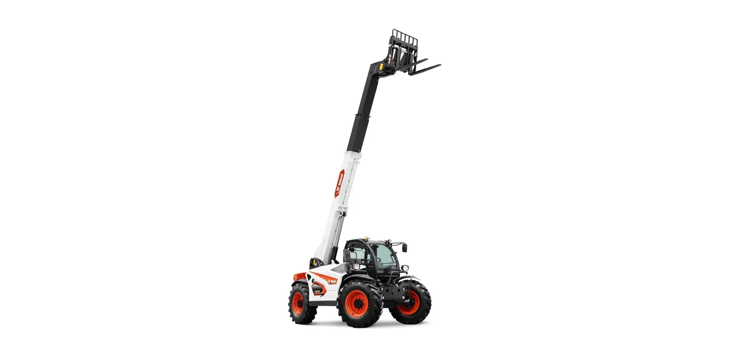 A white and black forklift with a long handle on a white background.