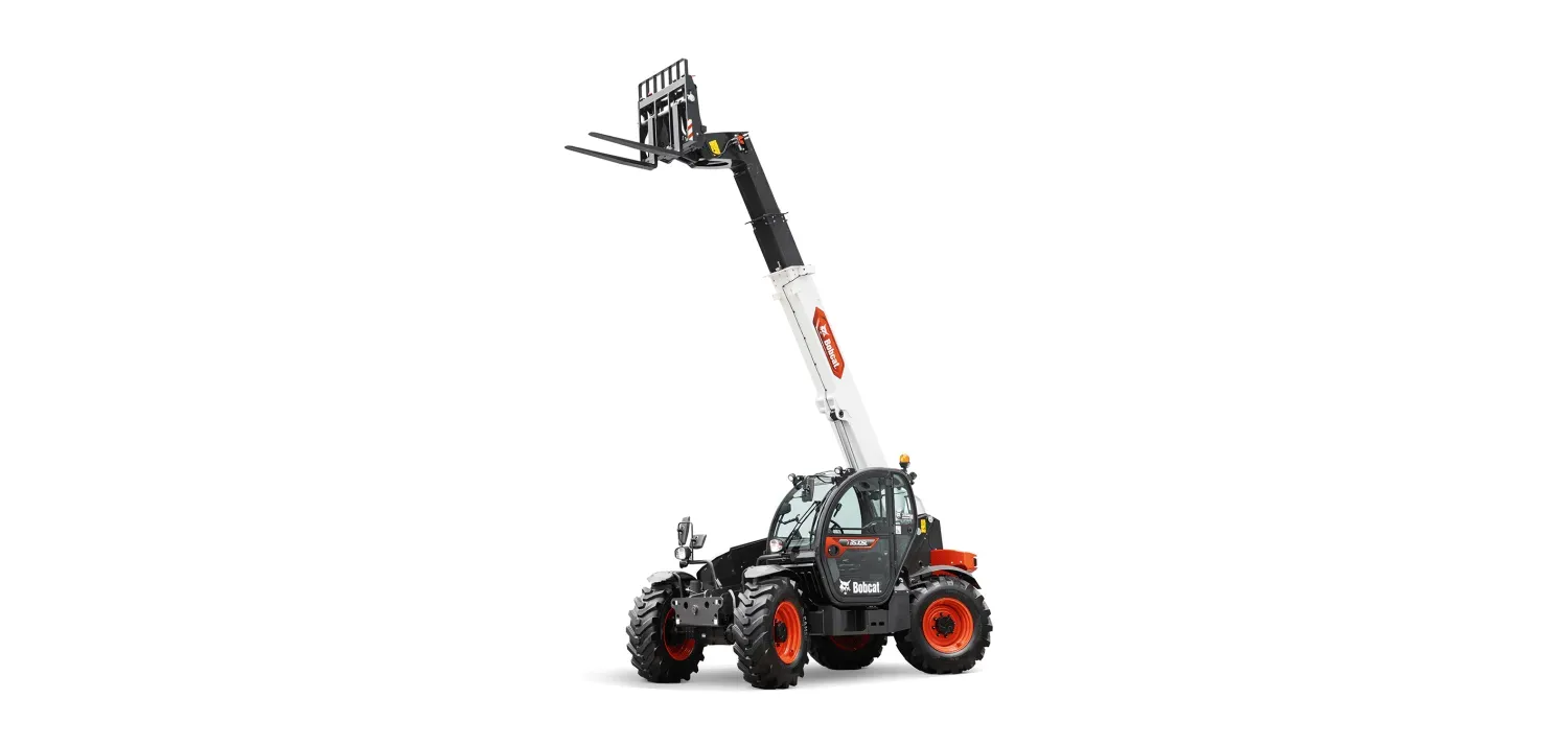 A black and white forklift with a long arm on a white background.