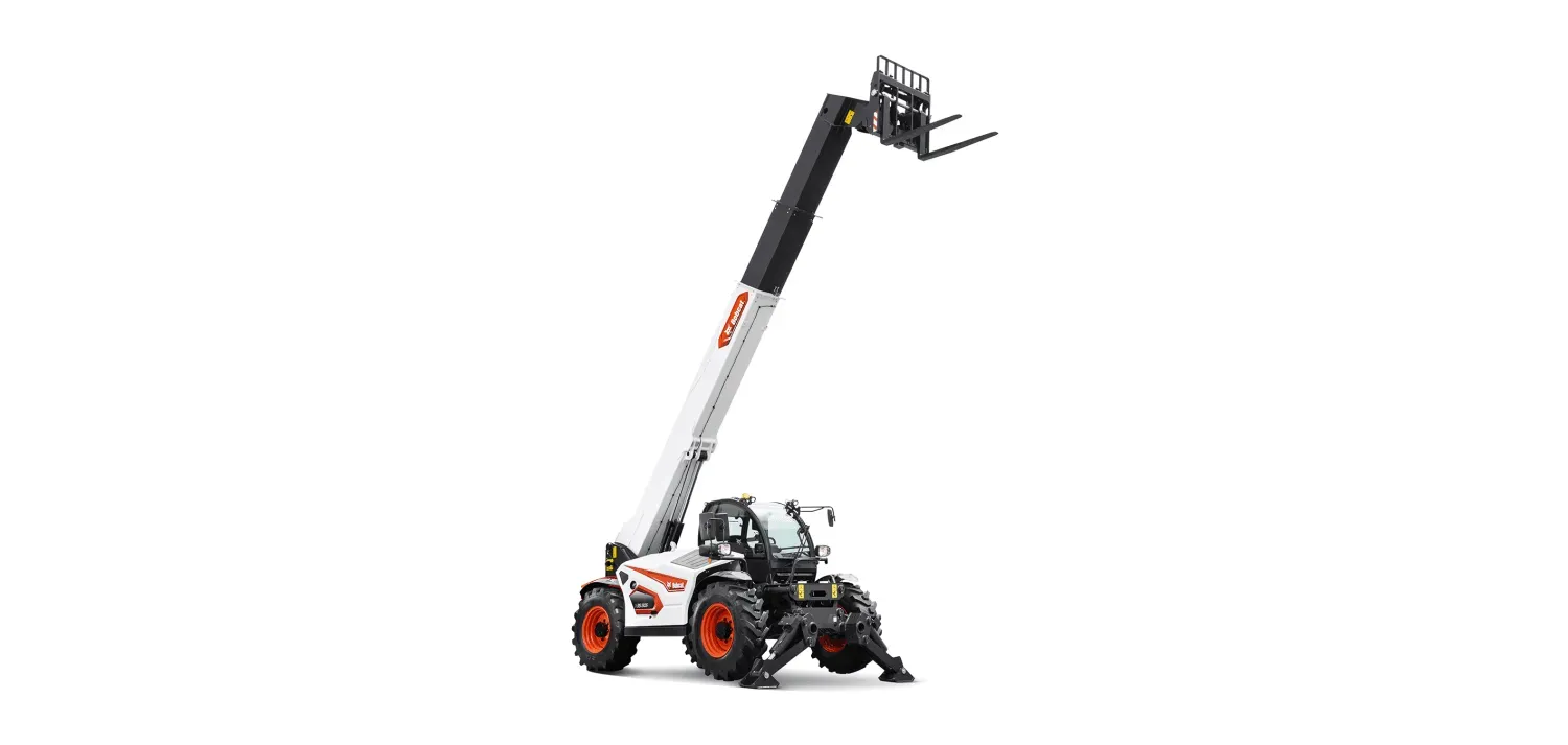 A bobcat telescopic handler with a forklift attached to it on a white background.
