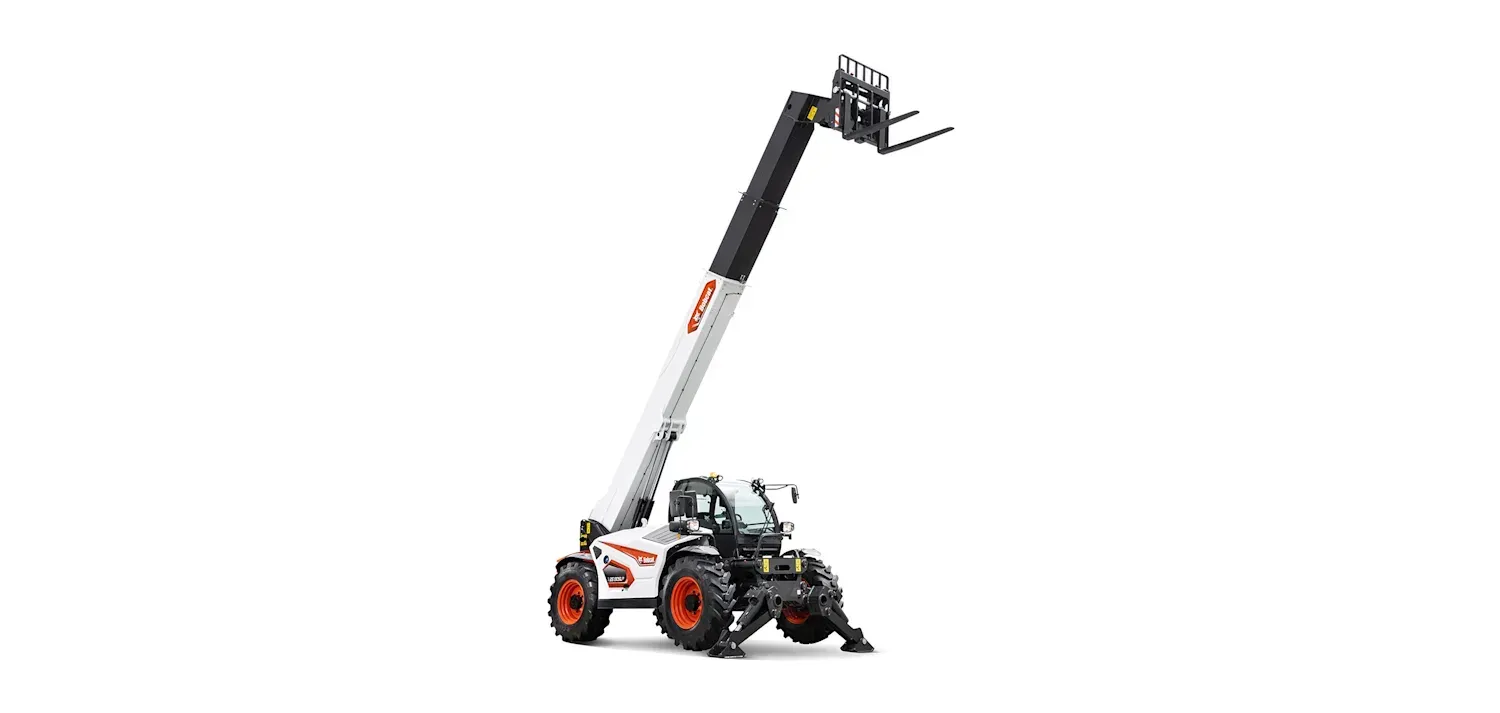A bobcat telescopic handler with a forklift attached to it on a white background.