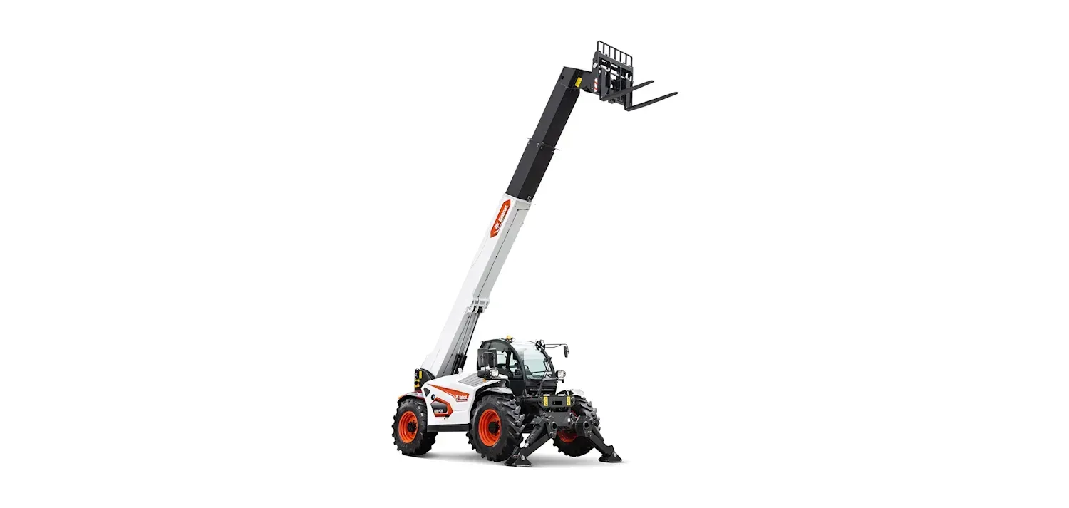 A white and black forklift with a long arm on a white background.