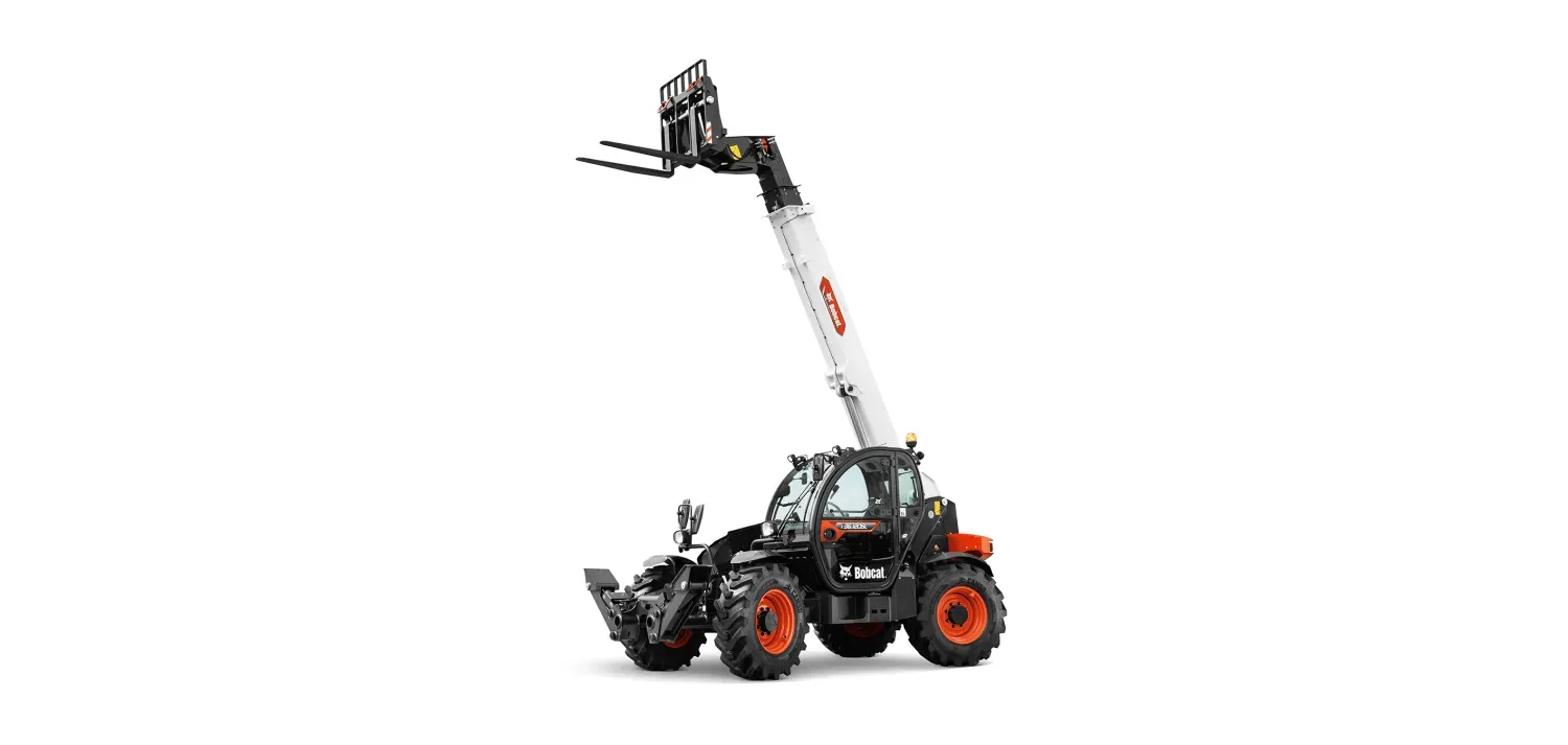 A black and white forklift with a long arm on a white background.