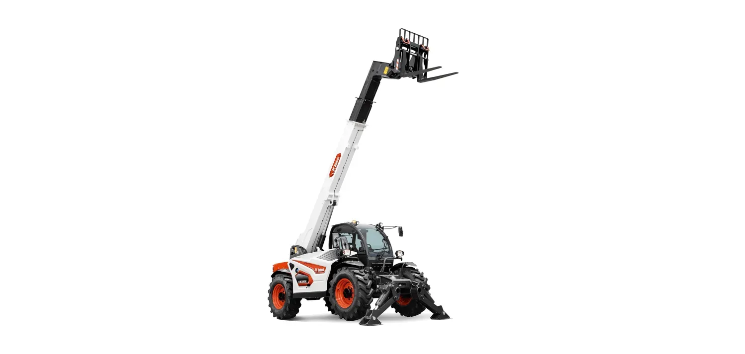 A black and white forklift with a long arm on a white background.
