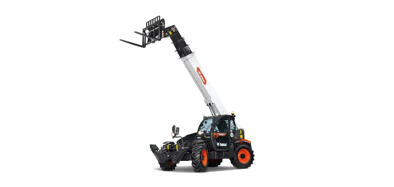 A black and white forklift with a long arm on a white background.