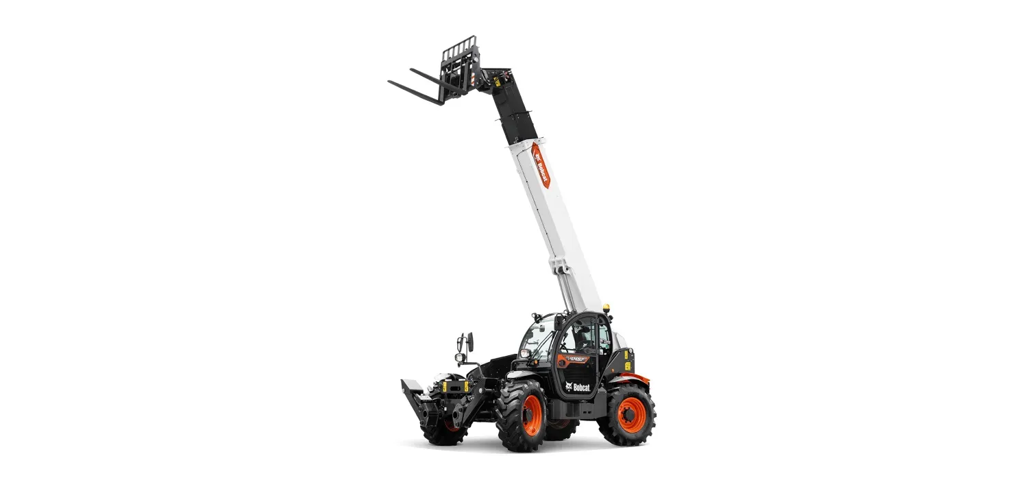 A telescopic handler with a forklift attached to it on a white background.