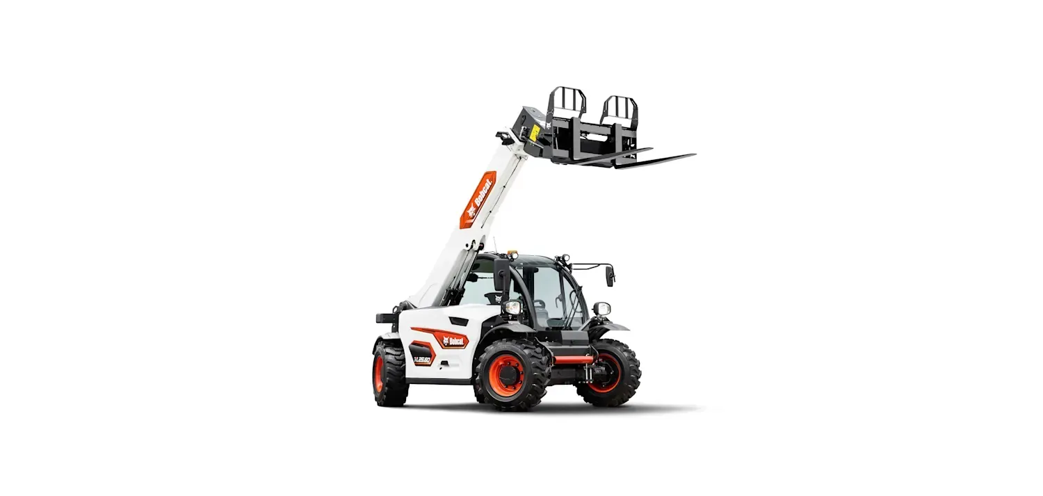 A white and red forklift is sitting on a white surface.