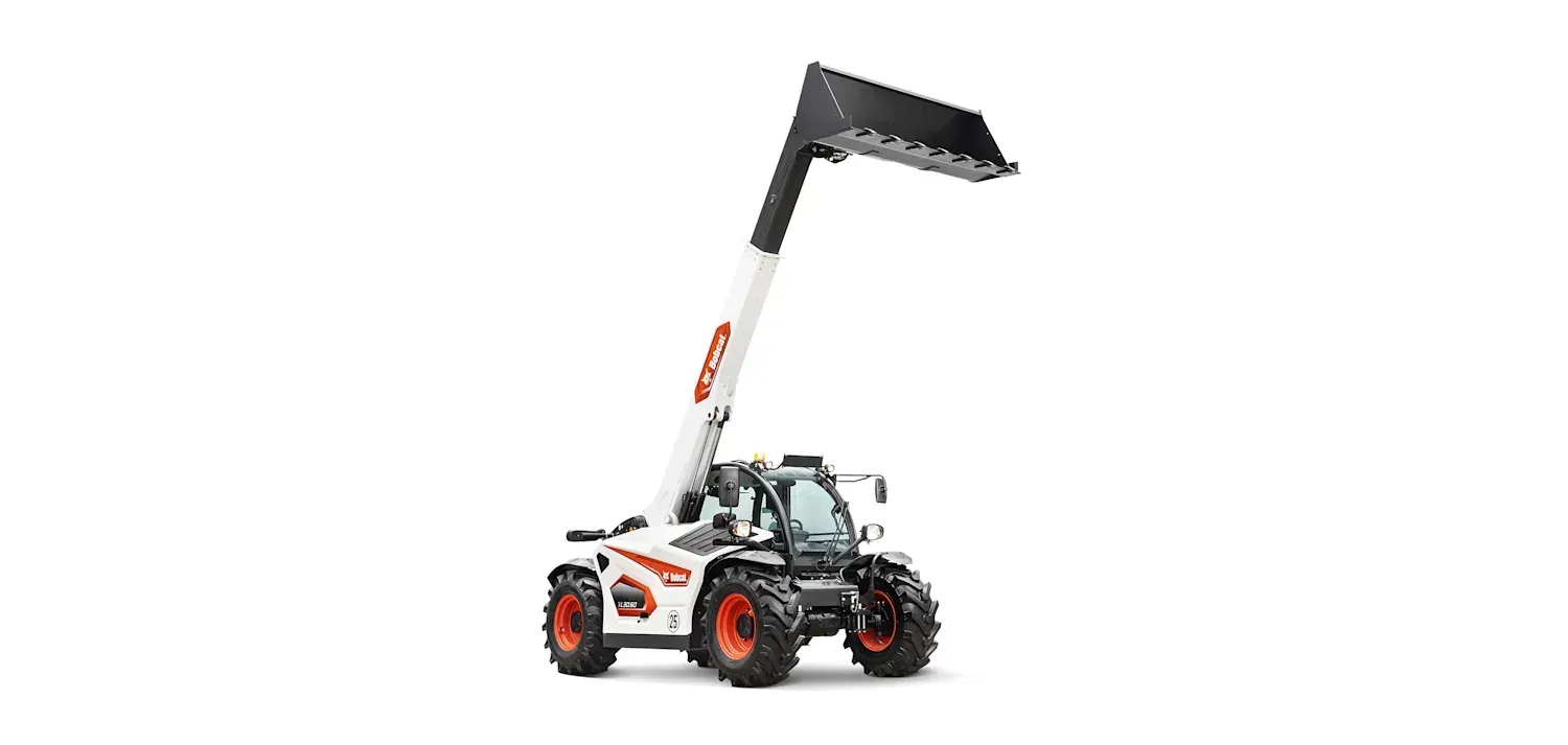 A white and red forklift with a long arm on a white background.