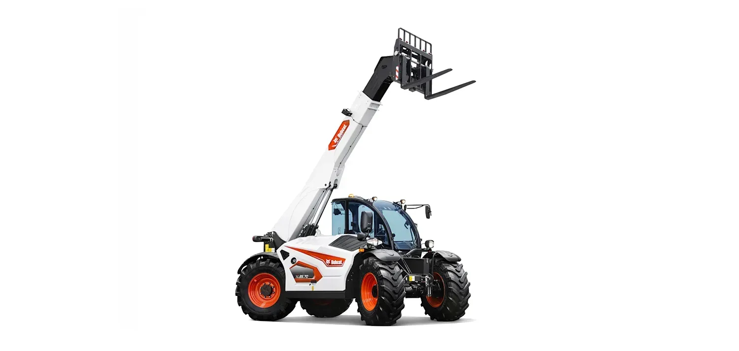 A white and orange forklift with a long arm on a white background.