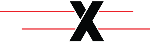 Black letter X centered on a white background with two thin red horizontal lines
