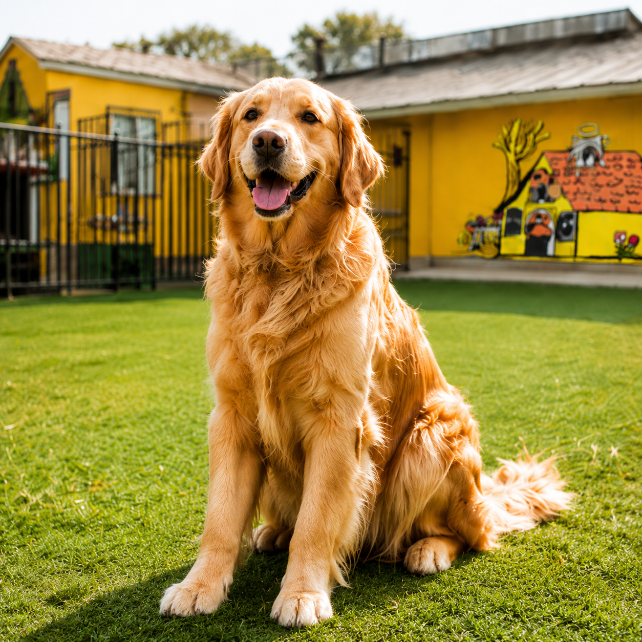 Dude, a golden retriever, at The Big Dog House in Aubrey, Texas