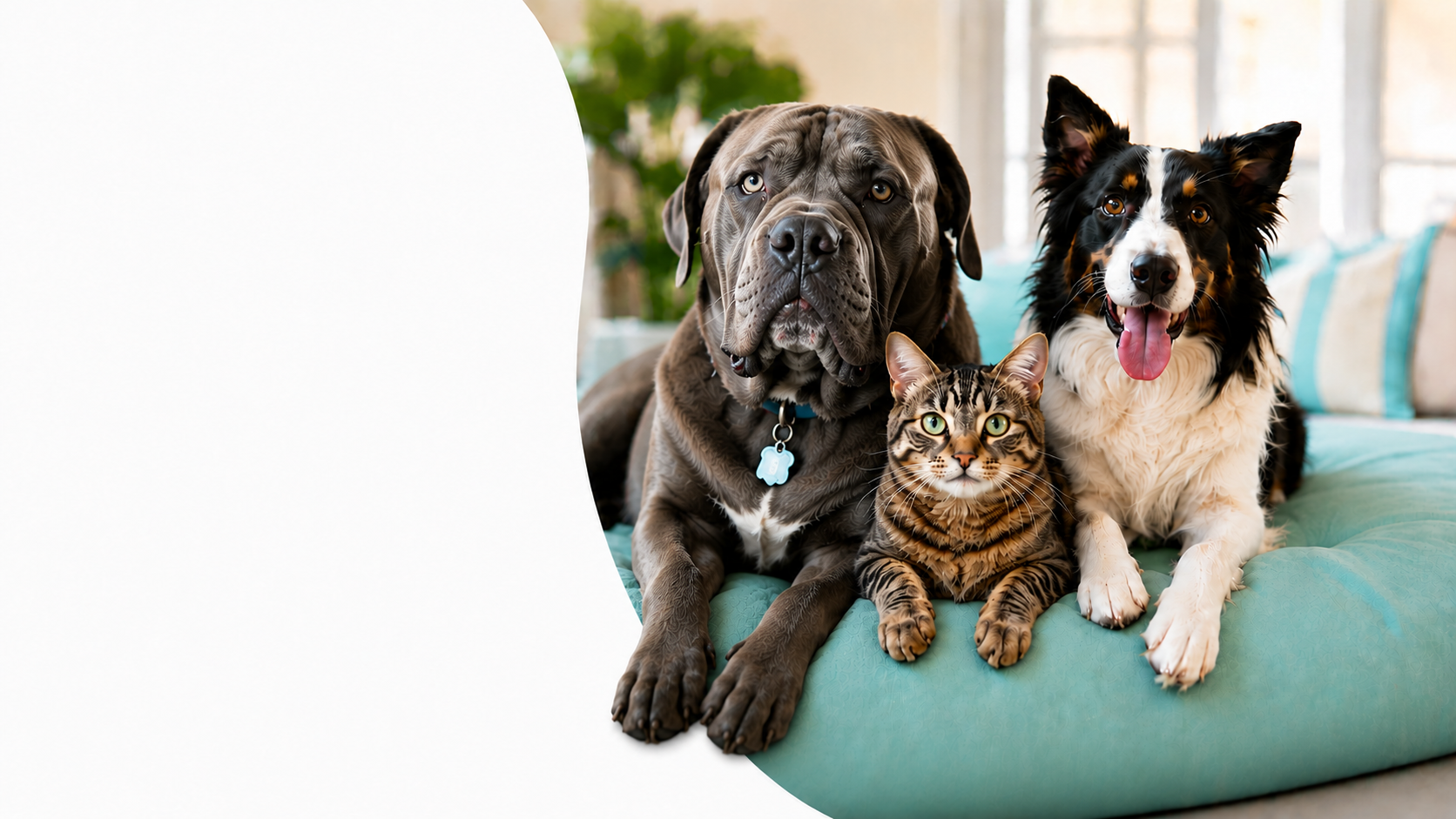 A golden retriever, border collie, and tabby cat relaxing at The Big Dog House