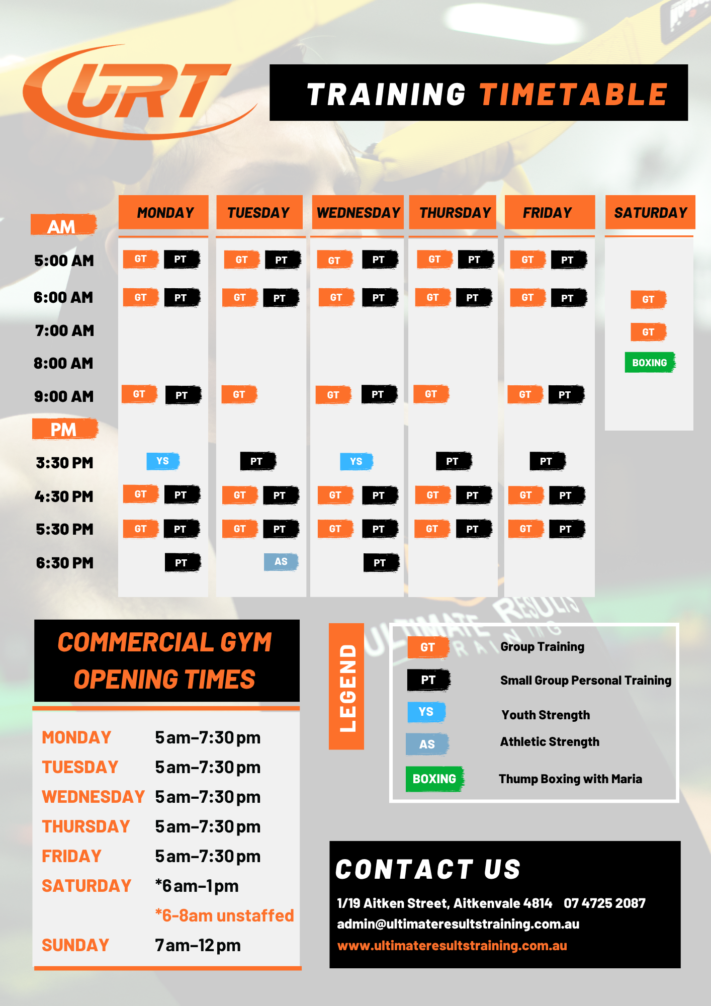 A Training Timetable For A Gym Called URT — Ultimate Results Training in Aitkenvale, QLD