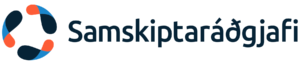 Merki Samskiparðagis með svörtum texta og bláum, appelsínugulum og svörtum hringlaga táknmynd á hvítum bakgrunni