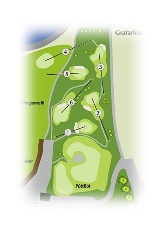 Skýrt grænt golfvallarkort með númeruðum holum og slóðum