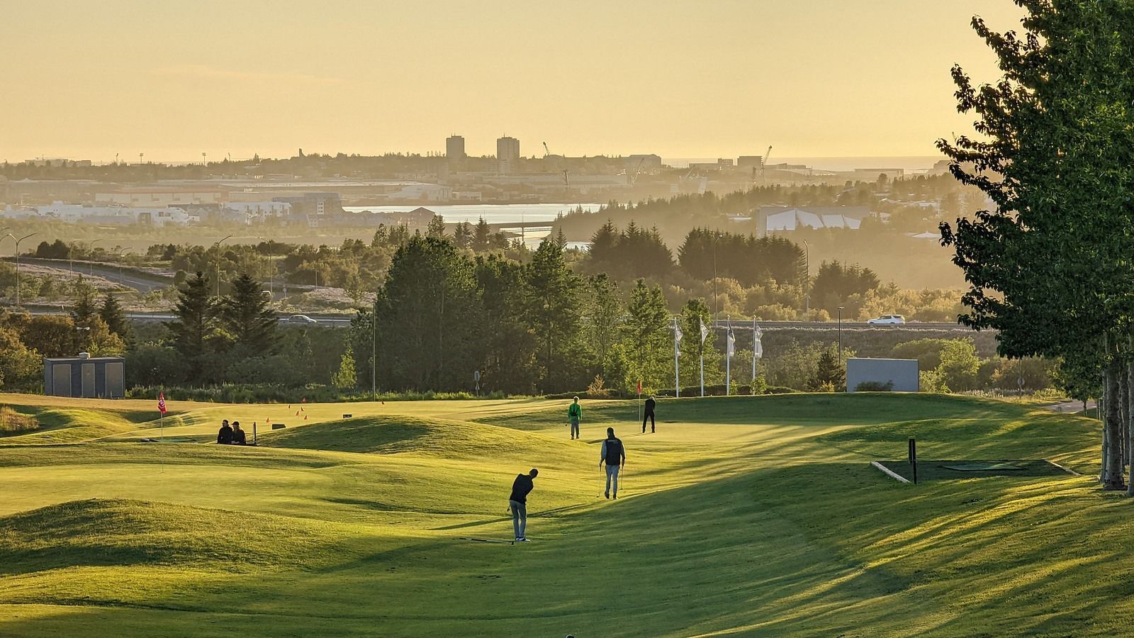 Golfarar á sólríkum velli með trjám og dimmum borgarhorna í fjarska.