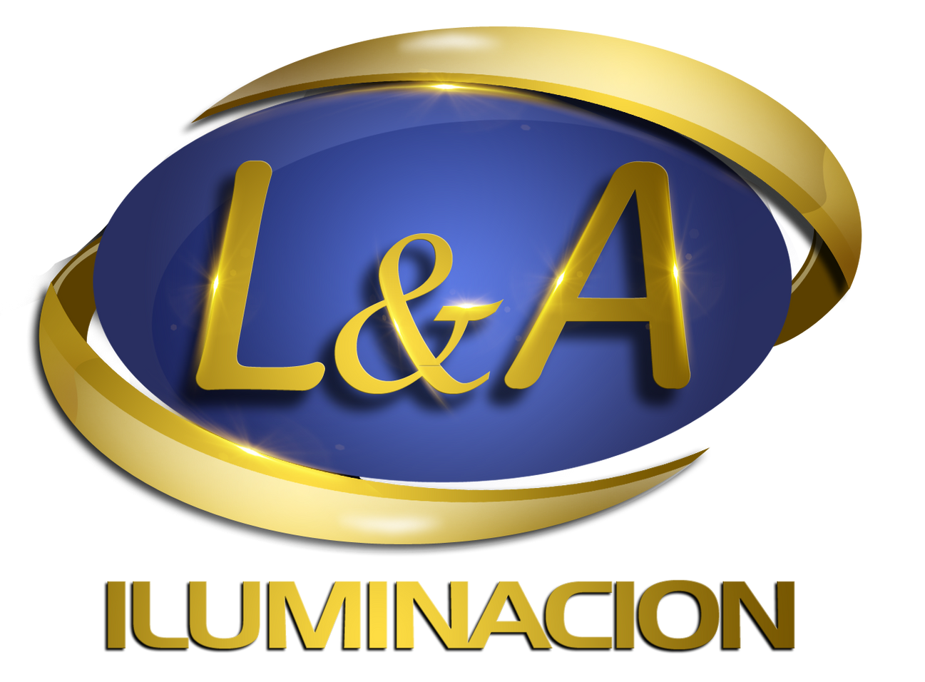 Logo: Blue oval with gold "L&A", surrounded by gold ribbons; "ILUMINACION" below.