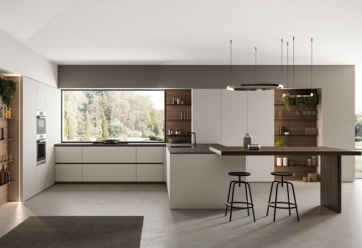 Una cucina moderna con mobili bianchi, una grande isola, sgabelli e una grande finestra.