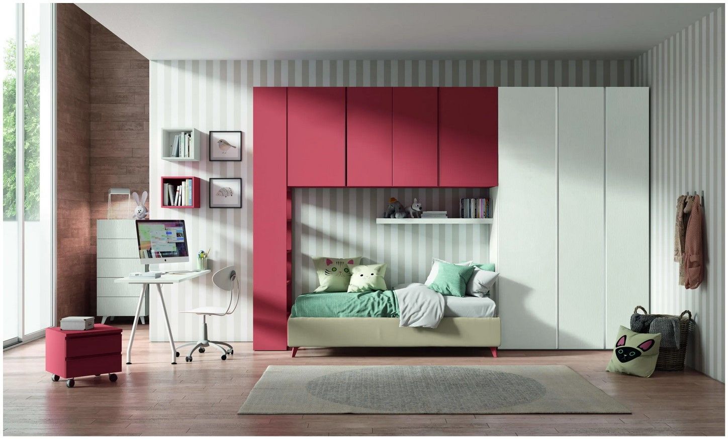 Una camera da letto con un letto, una scrivania, un computer e un armadio.