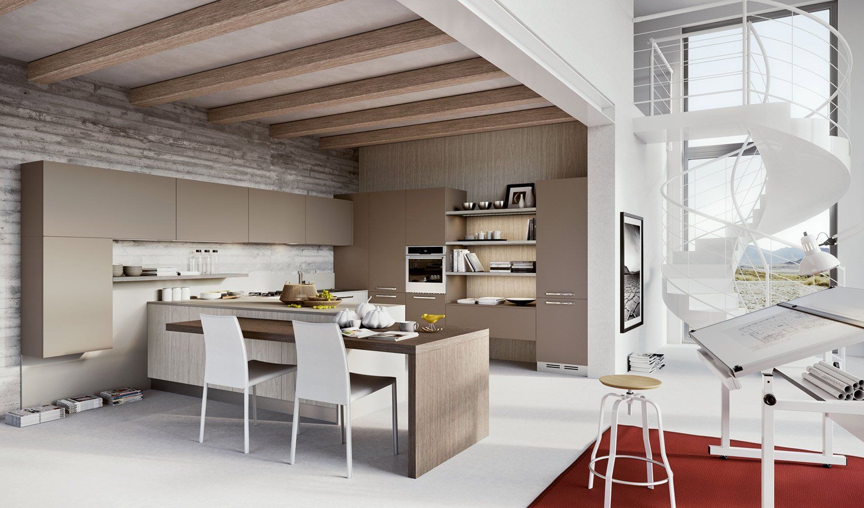 Una cucina con tavolo e sedie e una scala a chiocciola