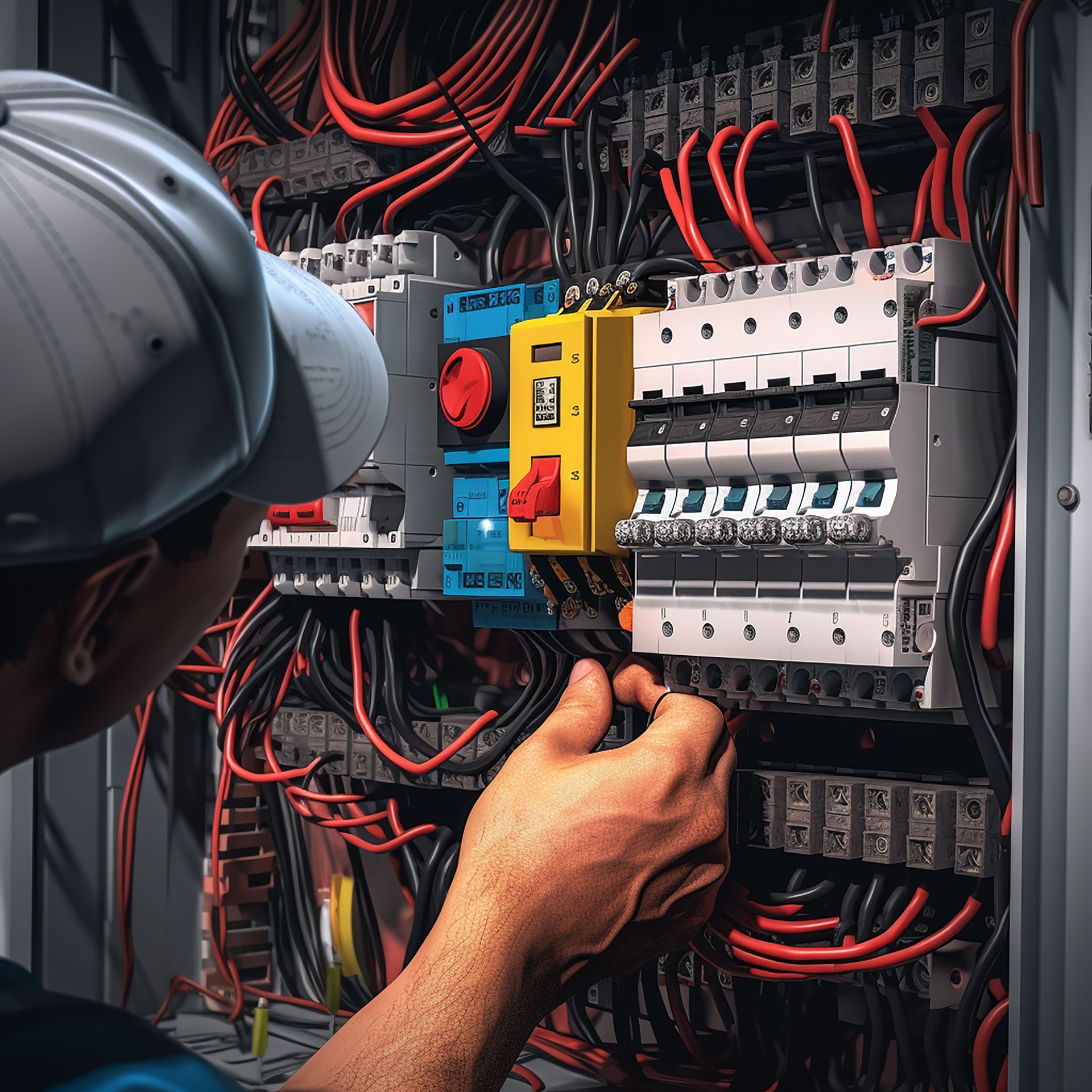 A man is working on an electrical box with a yellow switch that says ' lx ' on it