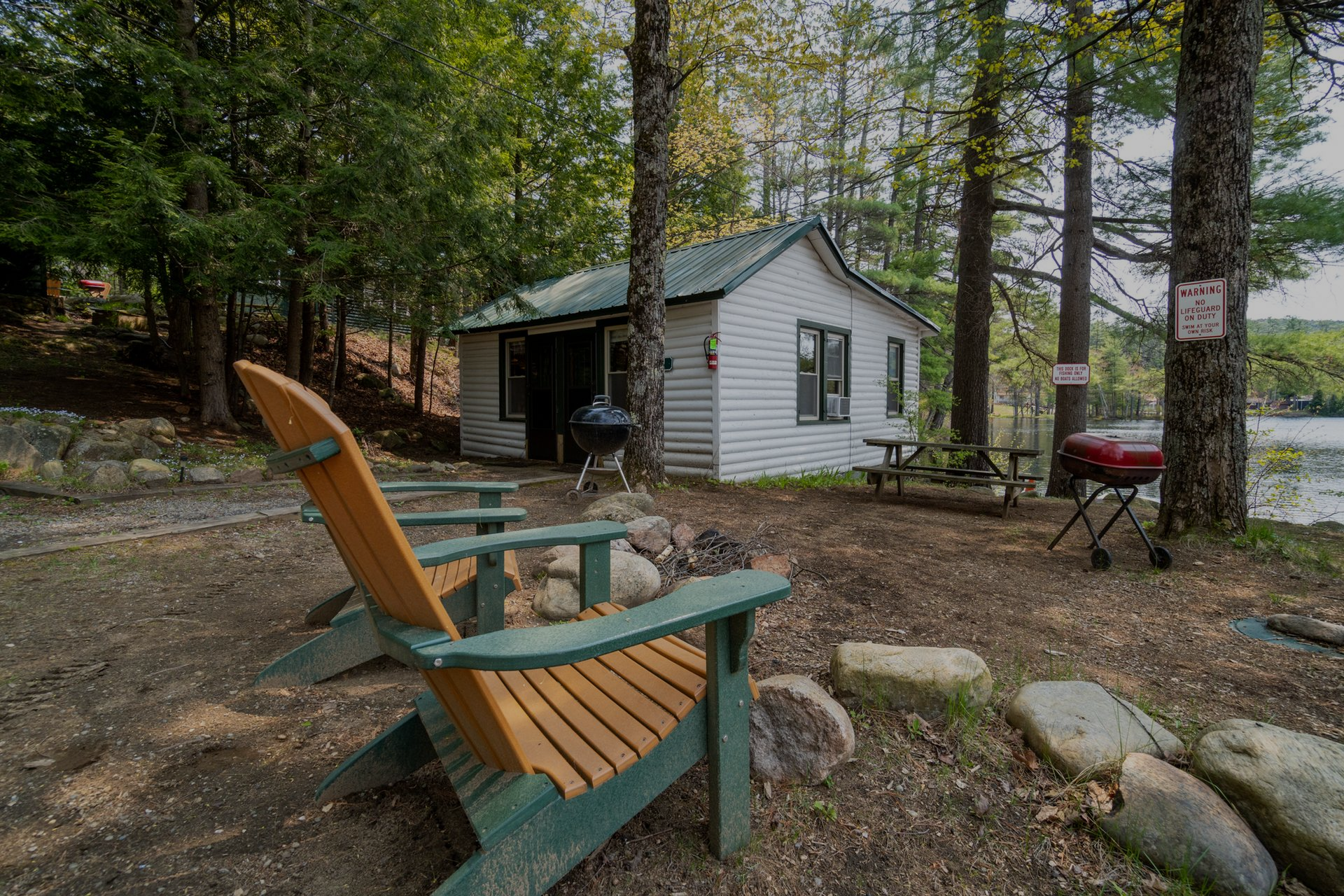Cabin by a lake with Adirondack chairs, trees, grill, and picnic table.